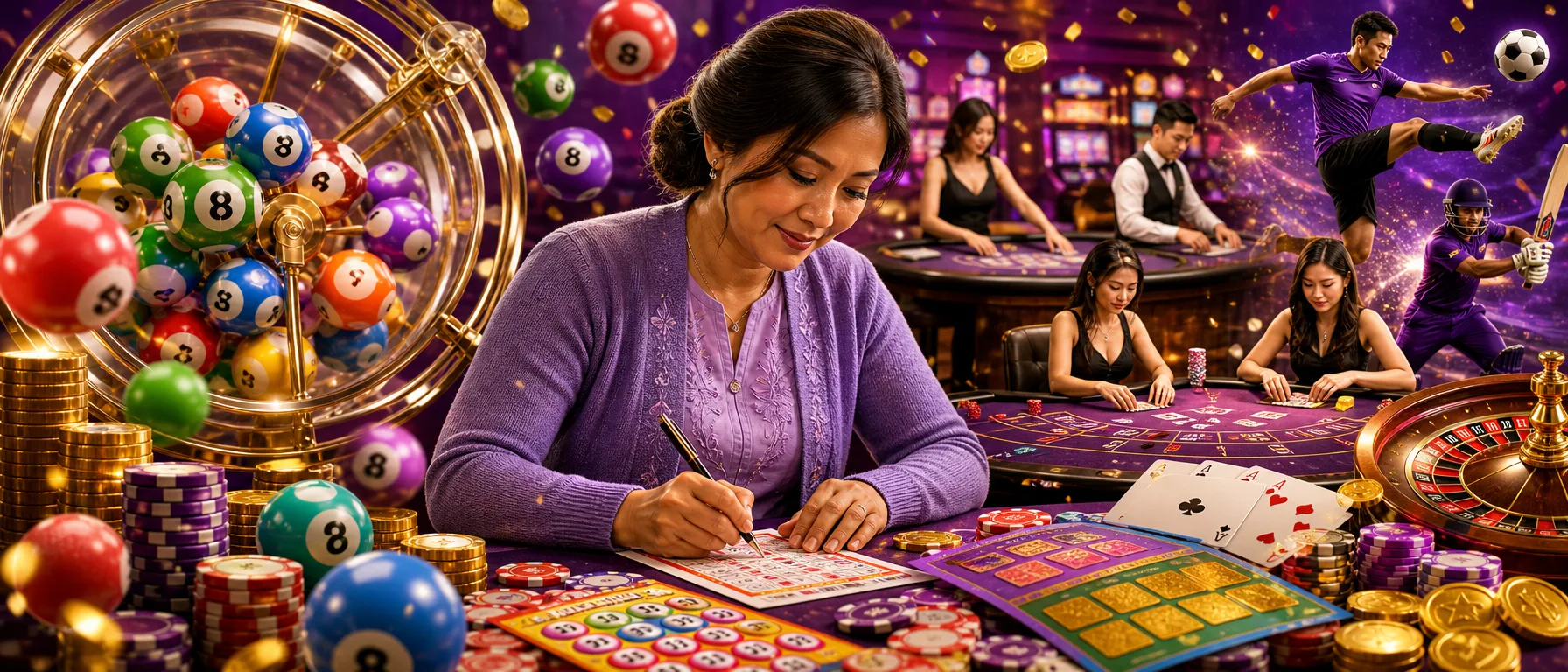 One platform, built around what Malaysian players actually look for. Casino games, live dealer tables, spor… – lottery bingo violet illustration