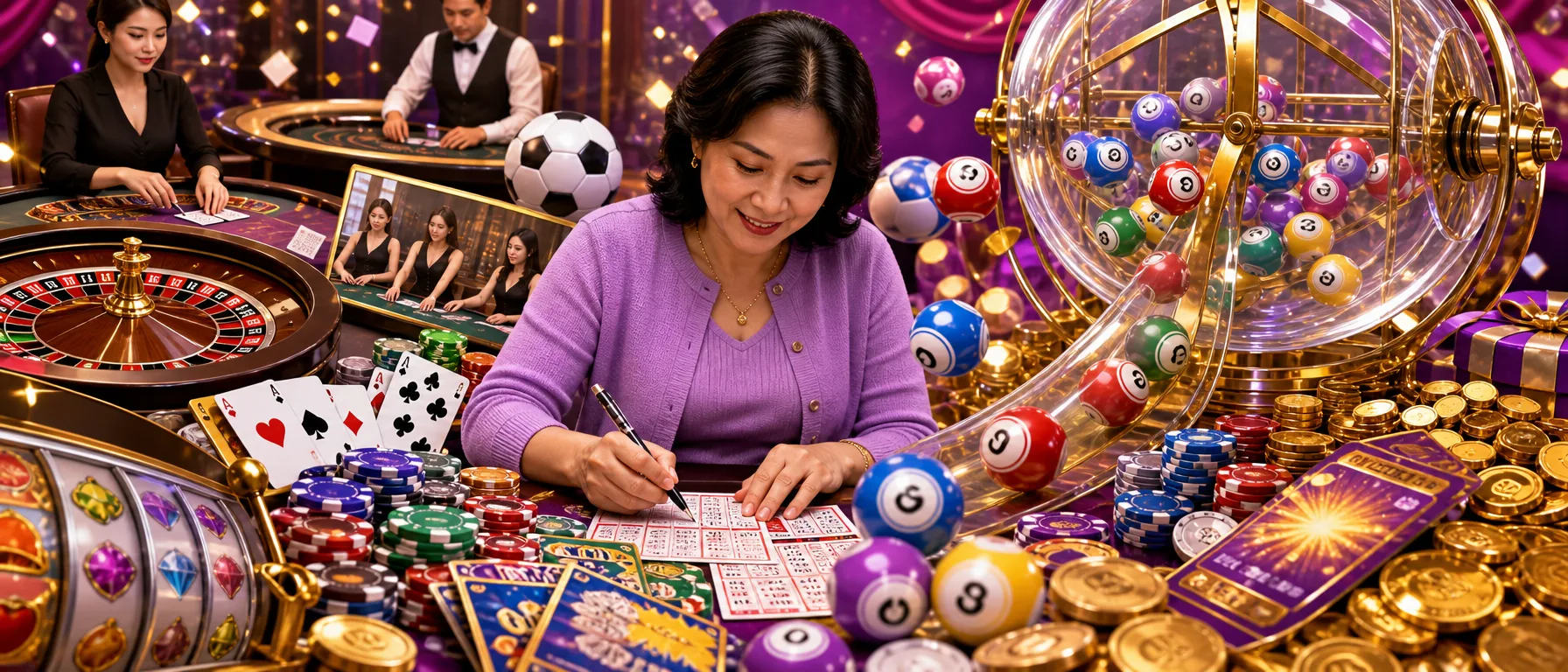 One platform, every way to play. Slots, table games, live dealer casino, sports betting and lottery, all un… – lottery bingo violet illustration