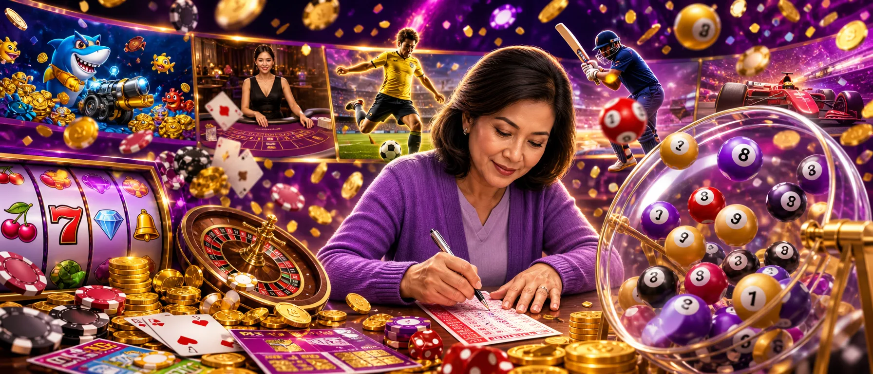 One platform, every kind of play. Manu888 brings together online casino games, live dealer tables, sports b… – lottery bingo violet illustration